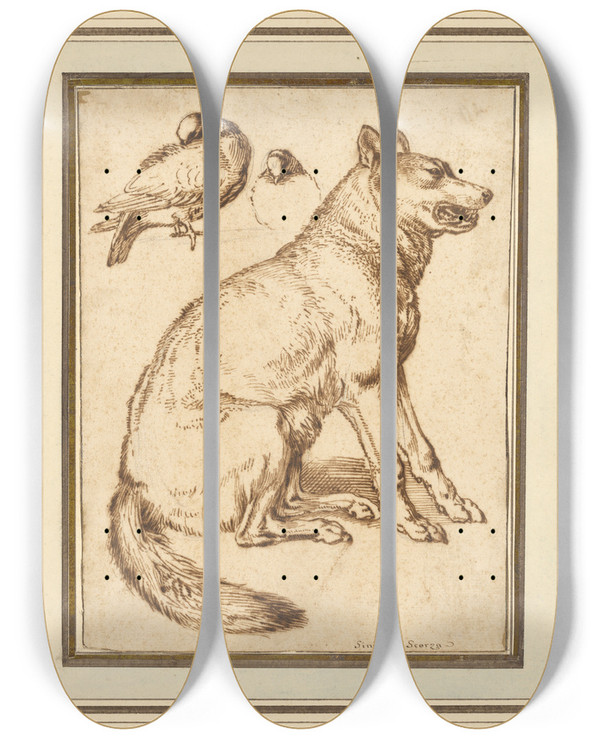 Triptych art skateboard deck of Sinibaldo Scorza A Wolf And Two Doves by Sinibaldo Scorza (1589-1631)