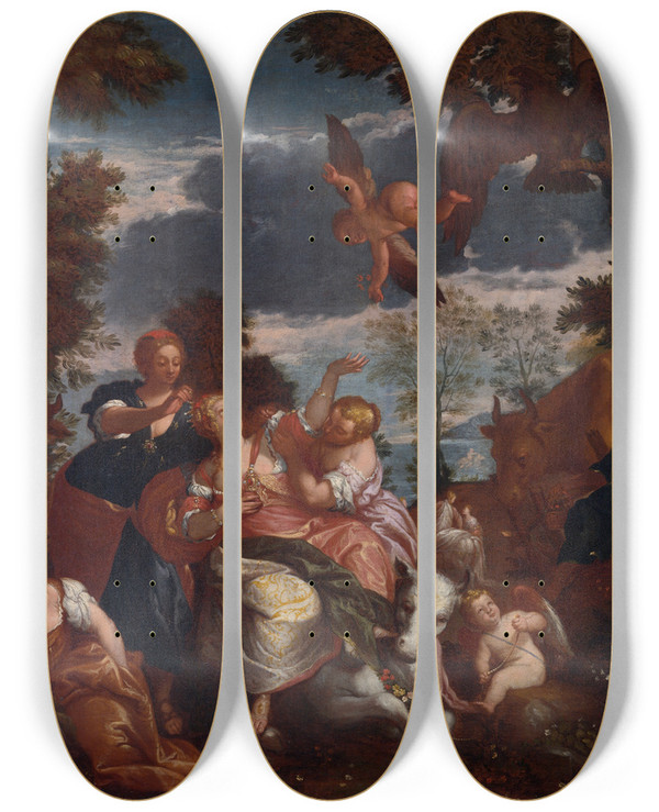 Triptych art skateboard deck of Francesco Montemezzano The Rape Ofeuropa by Francesco Montemezzano (1555-1602)
