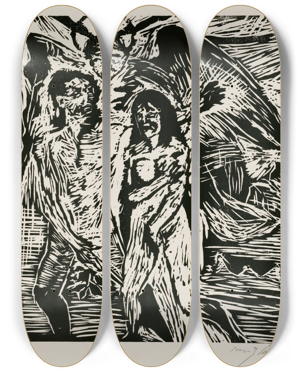 Triptych art skateboard deck of Lovis Corinth Austreibung Aus Dem Paradies by Lovis Corinth (1858-1925)