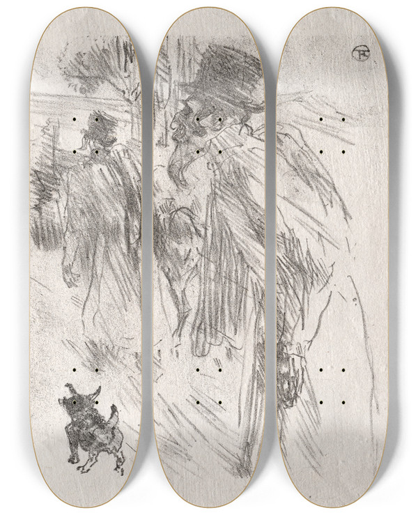 Triptych art skateboard deck of Henri De Toulouselautrec Au Pied Du Sina Les Juifs Polonais Carlsbad by Henri de Toulouse-Lautrec (1864-1901)