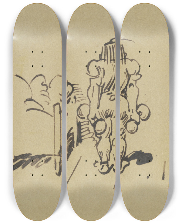 Triptych art skateboard deck of Wilhelm Busch Schon Ist Das Hantelpaar Bereit Zu Frischfrommfreier Ttigkeit by Wilhelm Busch (1832-1908)