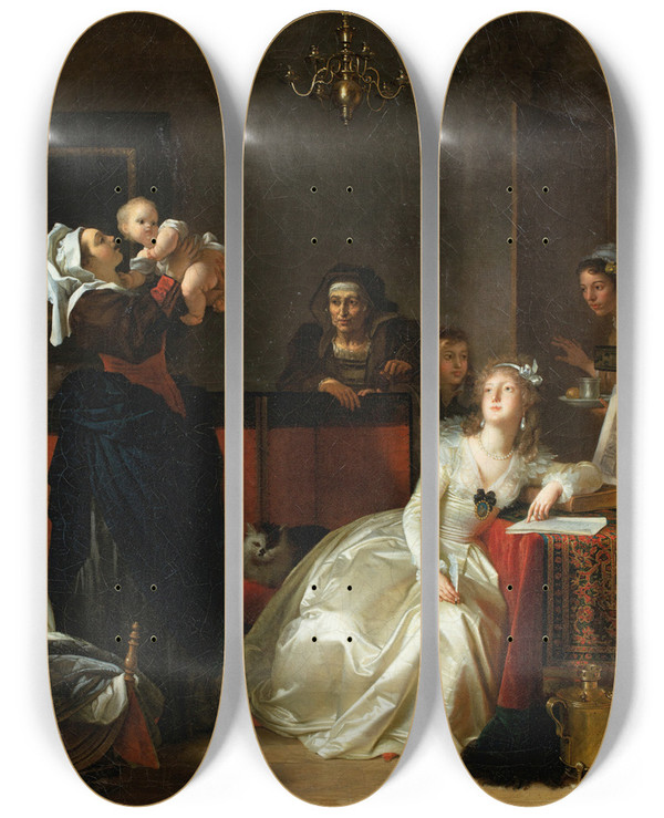 Triptych art skateboard deck of Marguerite Grard The Young Savant Mother by Marguerite Gerard (1761-1837)
