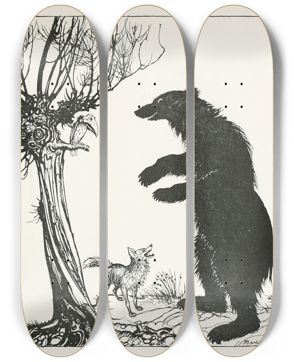 Triptych art skateboard deck of Arthur Rackham The Bear And The Fox by Arthur Rackham (1867-1939)