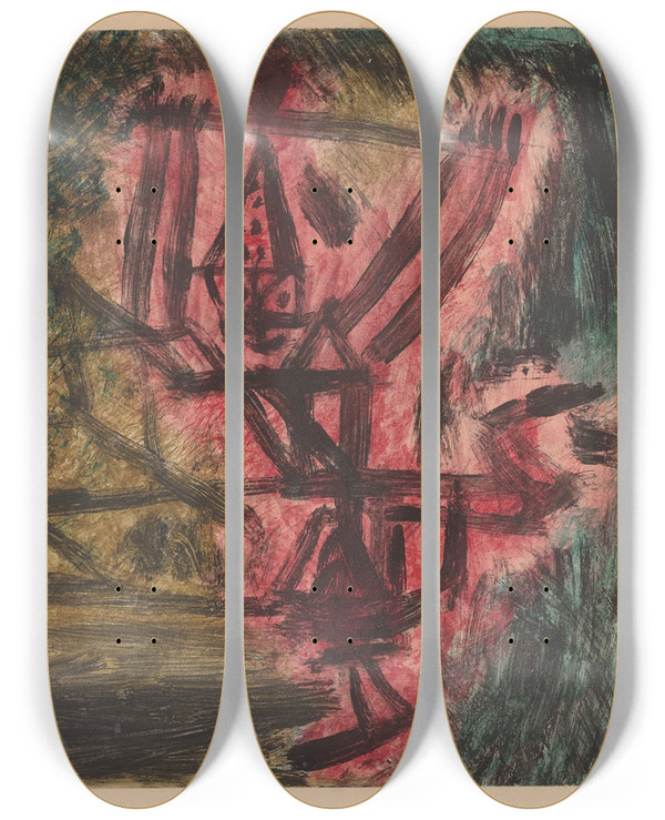 Triptych art skateboard deck of Paul Klee Feuer Clown I Fire Clown by Paul Klee (1879-1940)