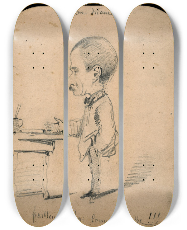 Triptych art skateboard deck of Claude Monet Caricature Of A Man Standing By Desk by Claude Monet (1840-1926)