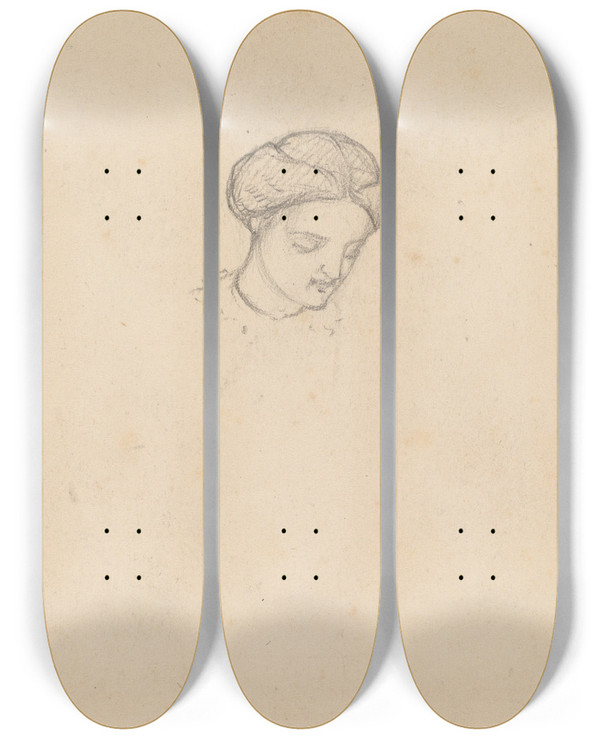 Triptych art skateboard deck of Elihu Vedder Study Of A Girls Head by Elihu Vedder (1836-1923)