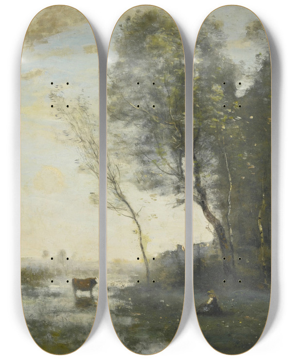 Triptych art skateboard deck of Jeanbaptistecamille Corot Paysanne Gardant Une Vache Au Bord De Leau by Jean-Baptiste-Camille Corot (1796-1875)