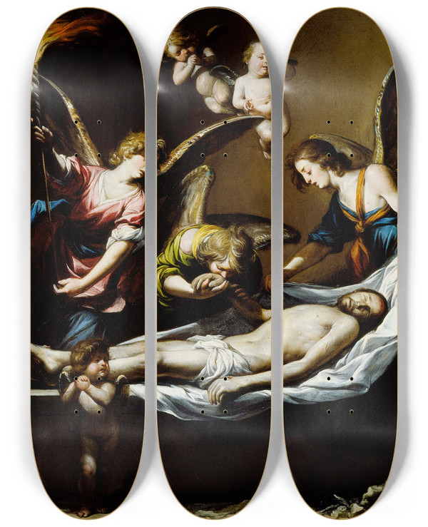 Triptych art skateboard deck of Antonio Del Castillo Y Saavedra Dead Christ With Lamenting Angels by Antonio Del Castillo Y Saavedra (1616-1668)
