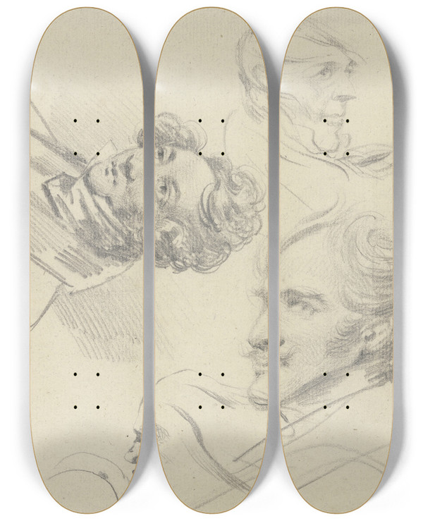 Triptych art skateboard deck of Ferdinand Von Rayski Studienblatt Vier Mnnliche Kpfe by Ferdinand Von Rayski (1806-1890)