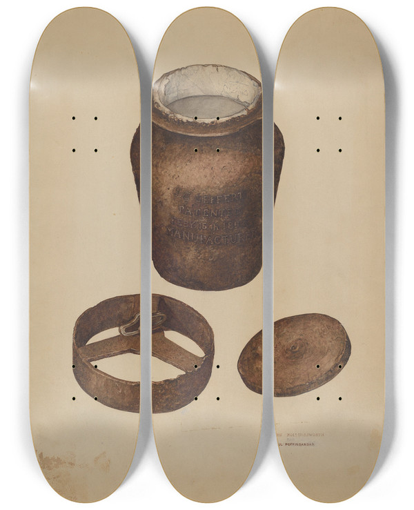 Triptych art skateboard deck of Doris Hollingsworth Cast Iron Fruit Jar by Doris Hollingsworth