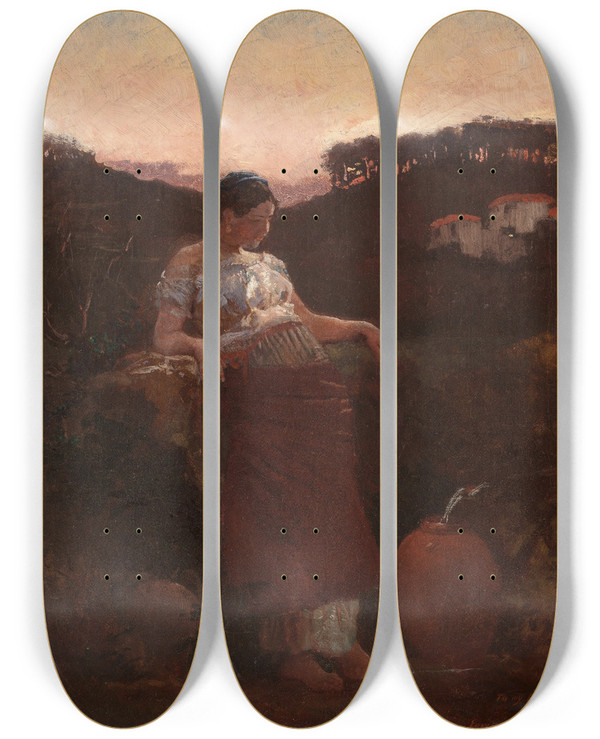 Triptych art skateboard deck of Edwin Howland Blashfield At The Well by Edwin Howland Blashfield (1848-1936)