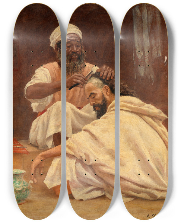 Triptych art skateboard deck of Aloysius Okelly A Barber Morocco by Aloysius Okelly (1853-1936)
