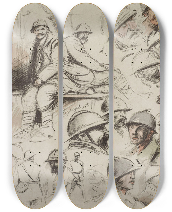 Triptych art skateboard deck of Georges Goursat Sem Croquis De Ttes Et De Deux Tlgraphistes by Georges Goursat (Sem) (1863-1934)