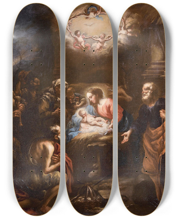 Triptych art skateboard deck of Stefano Magnasco Adoration Of The Shepherds by Stefano Magnasco (1635-1665)