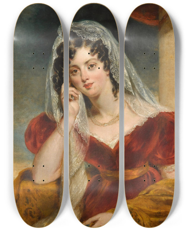 Triptych art skateboard deck of John Wood Portrait Of The Artists Sister Sarah Wyatt Gray Ne Wood B 1812_1 by John Wood (1801-1870)