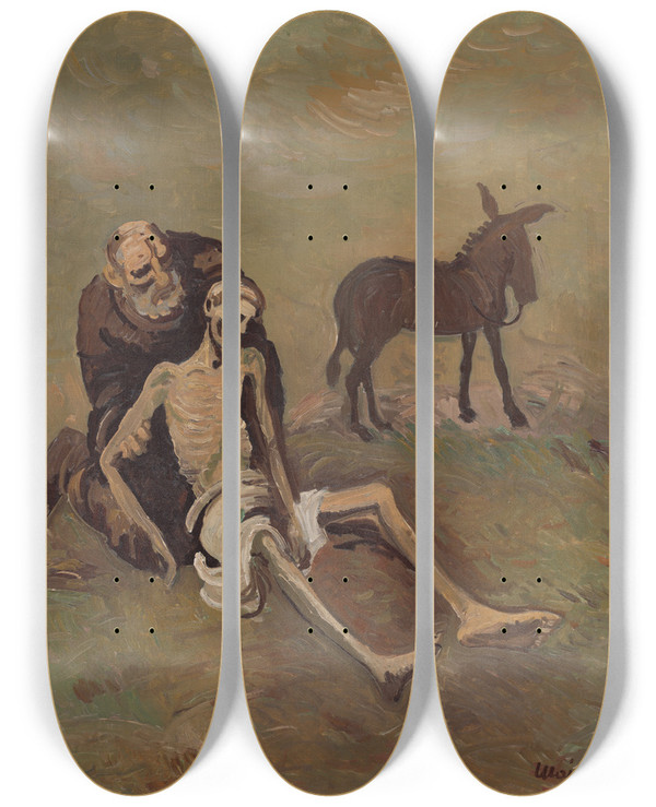 Triptych art skateboard deck of Cyprin Majernk The Good Samaritan by Cyprian Majernik (1909-1945)