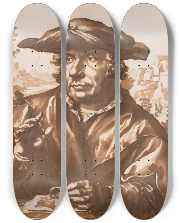 Triptych art skateboard deck of Jan De Bisschop Portrait Of A Scholar by Jan de Bisschop (1628-1671)