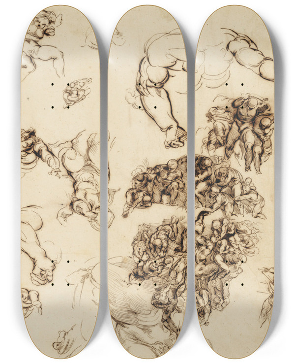 Triptych art skateboard deck of Eugne Delacroix Studies Of Nude Figures After Michelangelo by Eugene Delacroix (1798-1863)
