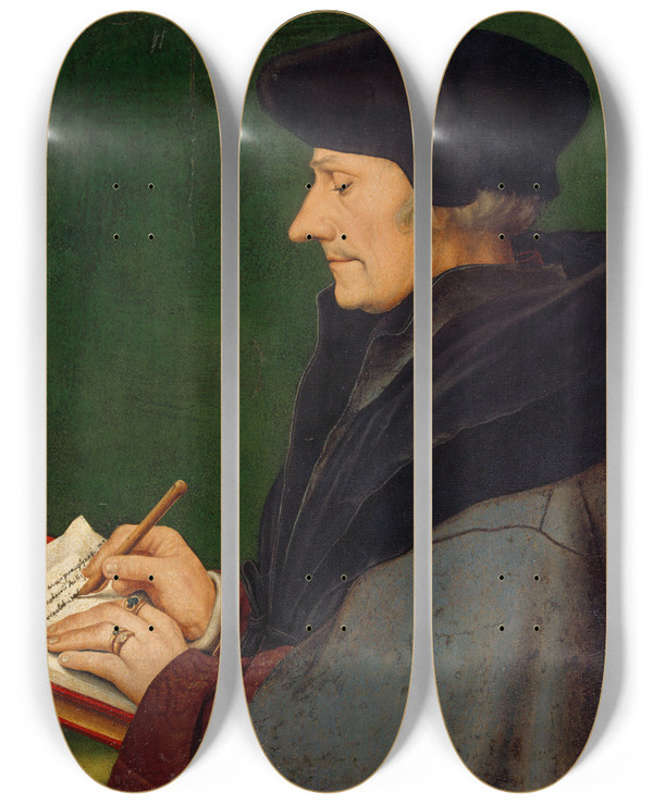 Triptych art skateboard deck of Hans Holbein The Younger Portrait Of Erasmus Of Rotterdam Writing by Hans Holbein The Younger (1497-1543)