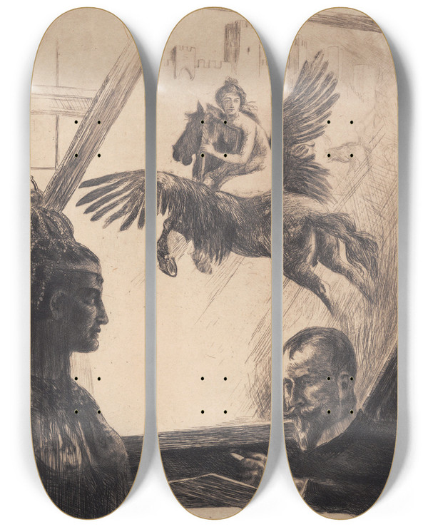 Triptych art skateboard deck of Hans Nikolaj Hansen Allegorisk Selvportrt by Hans Nikolaj Hansen (1853-1923)