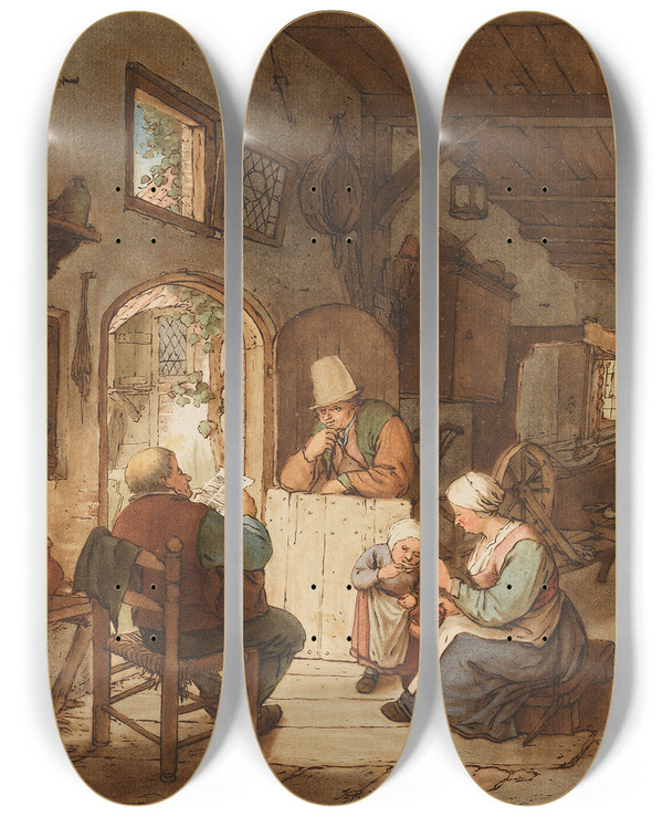 Triptych art skateboard deck of Cornelis Ploos Van Amstel Der Zeitungsleser by Cornelis Ploos Van Amstel (1726-1798)
