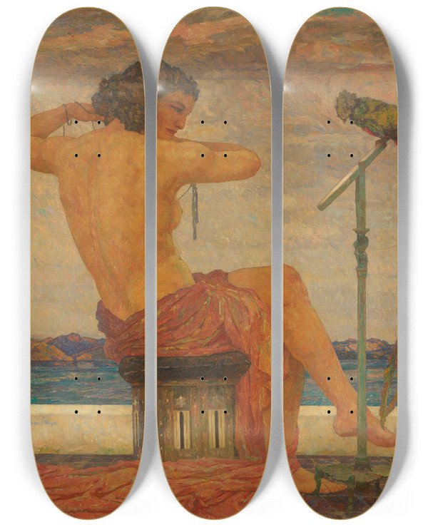 Triptych art skateboard deck of Hans Unger Akt Mit Paradiesvogel by Hans Unger (1872-1936)