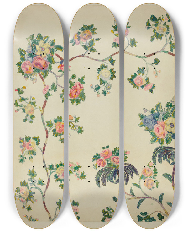Triptych art skateboard deck of Ernest A Towers Jr Appliqued Coverlet Tree Design by Ernest A Towers Jr (20-)