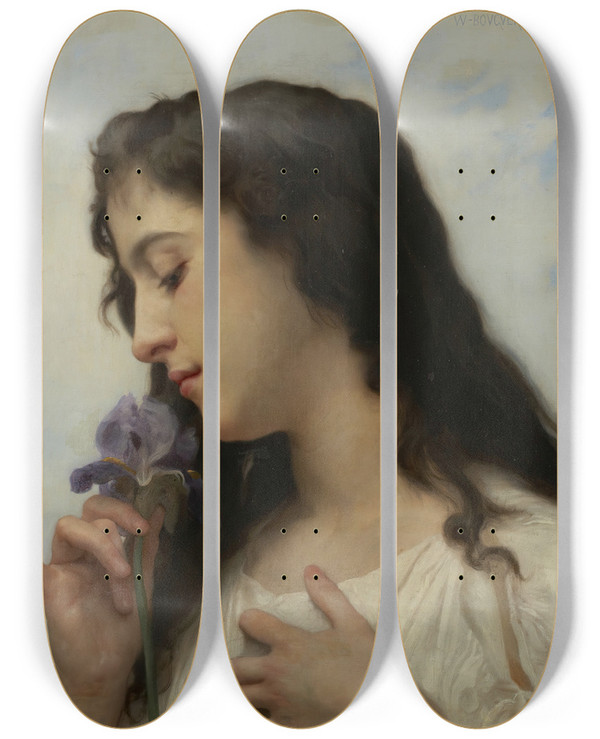 Triptych art skateboard deck of William Bouguereau Woman With Iris by William Bouguereau (1825-1905)