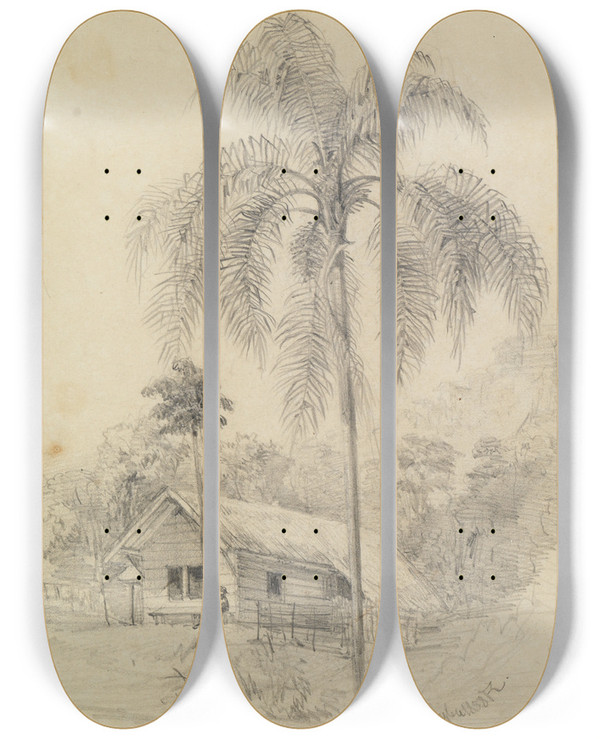 Triptych art skateboard deck of Ferdinand Keller Blockhaus Und Palme Mit Staffage by Ferdinand Keller (1842-1922)