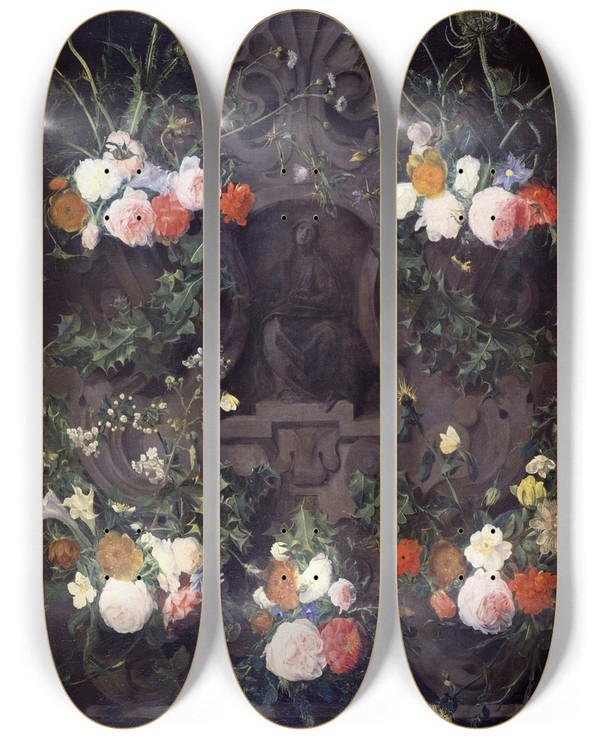 Triptych art skateboard deck of Daniel Seghers A Garland Of Flowers On A Carved Stone Medallion by Daniel Seghers (1590-1661)