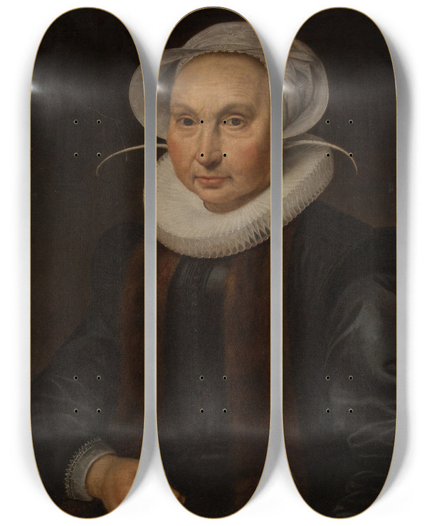 Triptych art skateboard deck of Circle Of Cornelis Pietersz Van Der Voort Portrait Of Anna Jacobsdr Blaeu Wife Of Cornelis Pietersz Hooft by Circle of Cornelis Pietersz. van der Voort (1576-1624)
