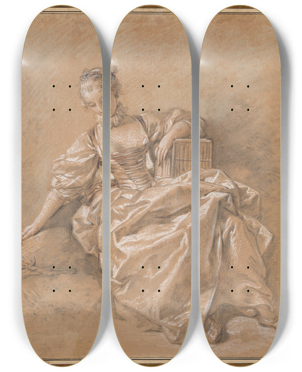 Triptych art skateboard deck of Franois Boucher Young Girl With A Bird Cage by Francois Boucher (1703-1770)