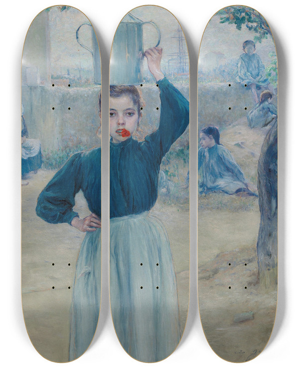 Triptych art skateboard deck of Adolfo Guiard The Little Village Girl With Red Carnation by Adolfo Guiard (1860-1916)
