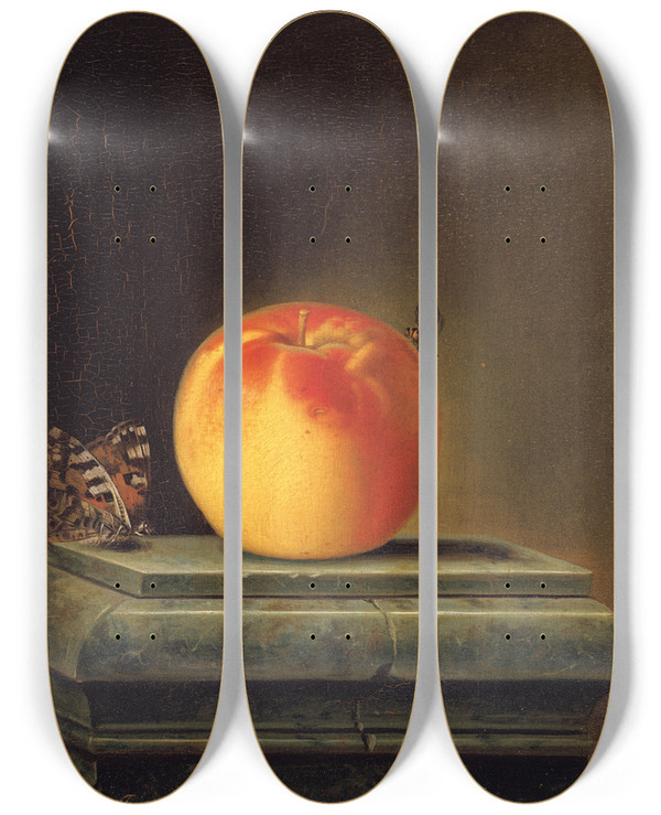Triptych art skateboard deck of Justus Juncker Still Life With Apple And Insects by Justus Juncker (1703-1767)