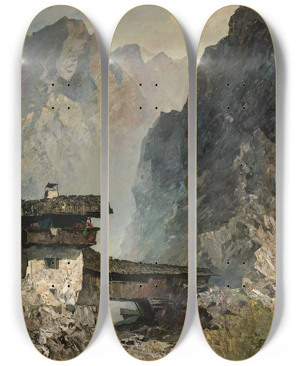 Triptych art skateboard deck of Oskar Mulley Im Hochtal by Oskar Mulley (1891-1949)