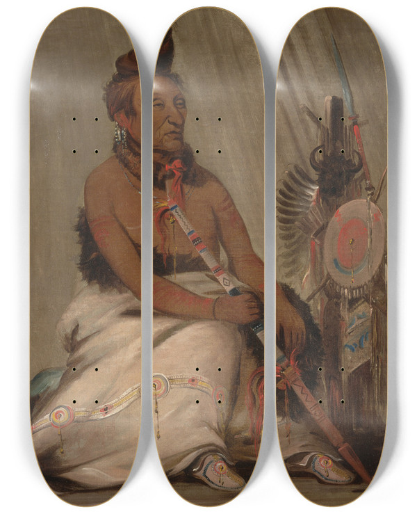 Triptych art skateboard deck of George Catlin Ehtohkpahshepeshah Black Moccasin Aged Chief by George Catlin (1796-1872)