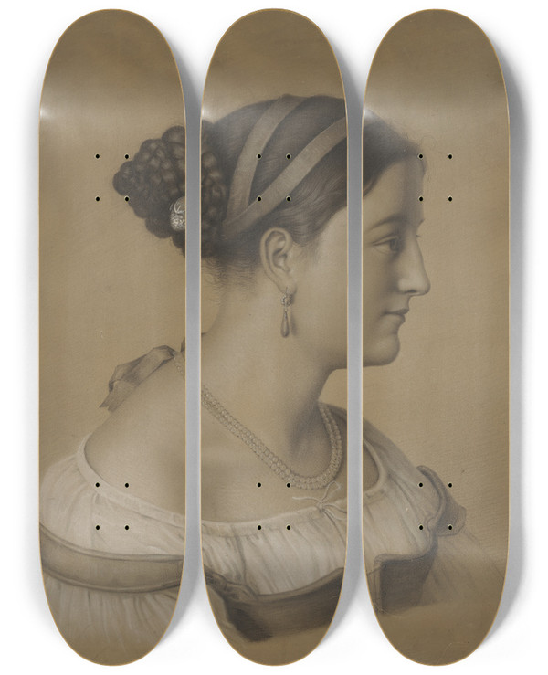 Triptych art skateboard deck of Theodor Pelissier Brustbild Einer Junge Rmerin Im Profil Nach Rechts Mit Einer Perlenschnur Um Den Hals by Theodor Pelissier (1794-1863)