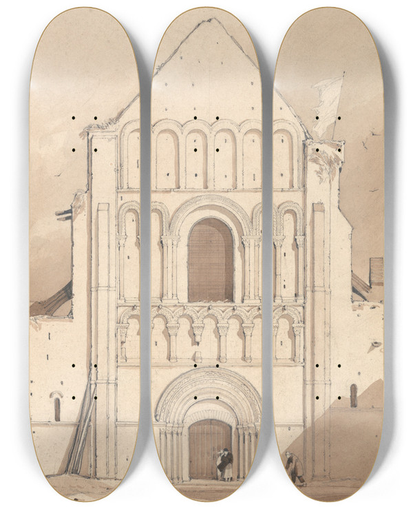 Triptych art skateboard deck of John Sell Cotman West Front Of The Church Of Oyestraham Ouistreham Near Caen Normandy by John Sell Cotman (1782-1842)