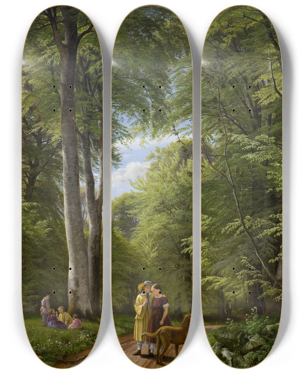 Triptych art skateboard deck of P C Skovgaard A Beech Wood In May Near Iselingen Manor Zealand by P C Skovgaard (1817-1875)