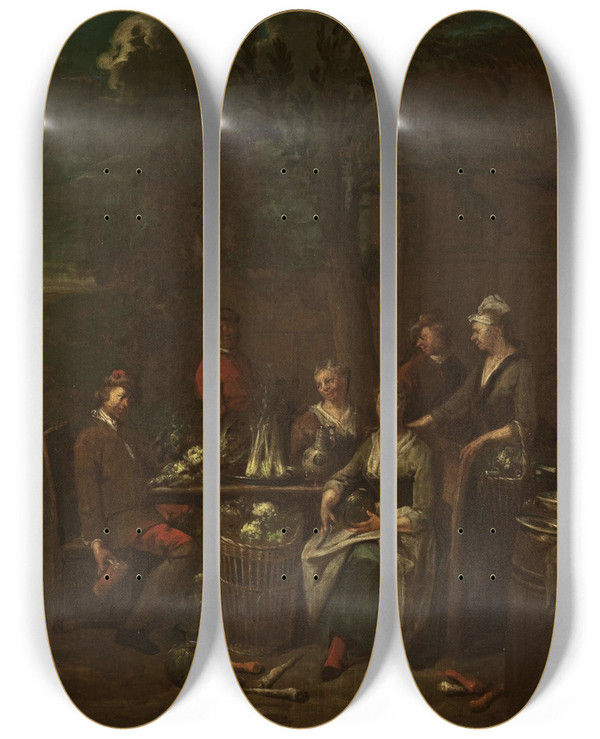 Triptych art skateboard deck of Jan Baptist Lambrechts Scene By A Stand With Vegetables by Jan Baptist Lambrechts (1680-1731)