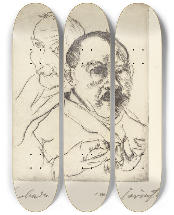 Triptych art skateboard deck of Lovis Corinth Sketch Of Two Male Heads Selfportraits by Lovis Corinth (1858-1925)