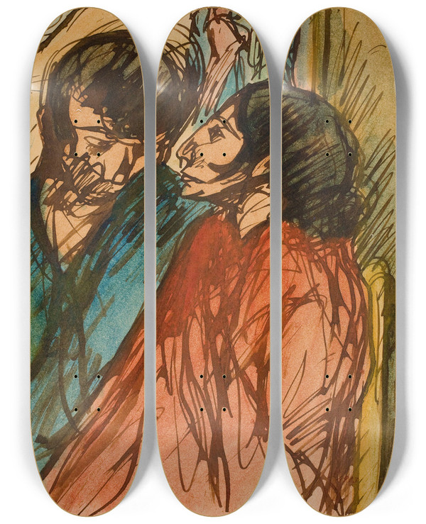 Triptych art skateboard deck of Isidre Nonell Gypsy Couple by Isidre Nonell (1872-1911)