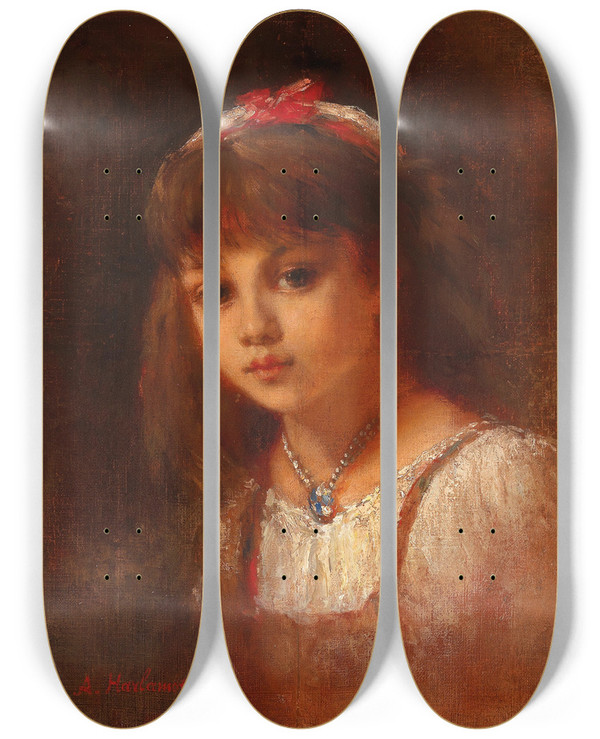 Triptych art skateboard deck of Alexei Harlamoff Young Girl With Rock Crystal Jewellery by Alexei Harlamoff (1840-1925)