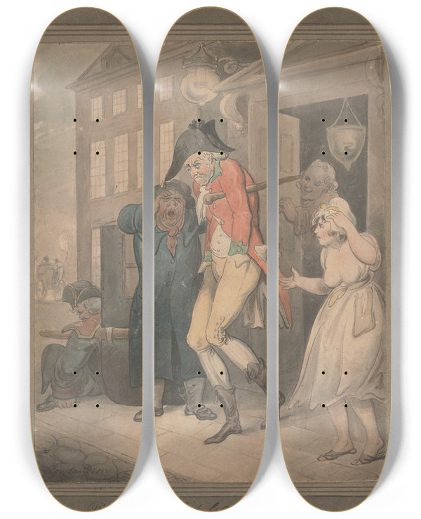 Triptych art skateboard deck of Thomas Rowlandson The Gulled Gamester by Thomas Rowlandson (1756-1827)