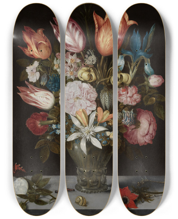Triptych art skateboard deck of Ambrosius Bosschaert The Elder Flowers In A Glass by Ambrosius Bosschaert The Elder (1573-1621)