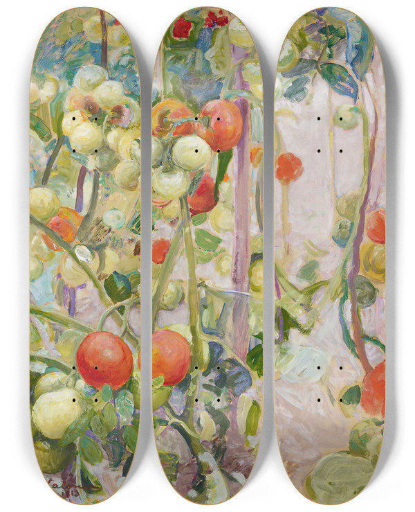 Triptych art skateboard deck of Pekka Halonen Tomatoes by Pekka Halonen (1865-1933)