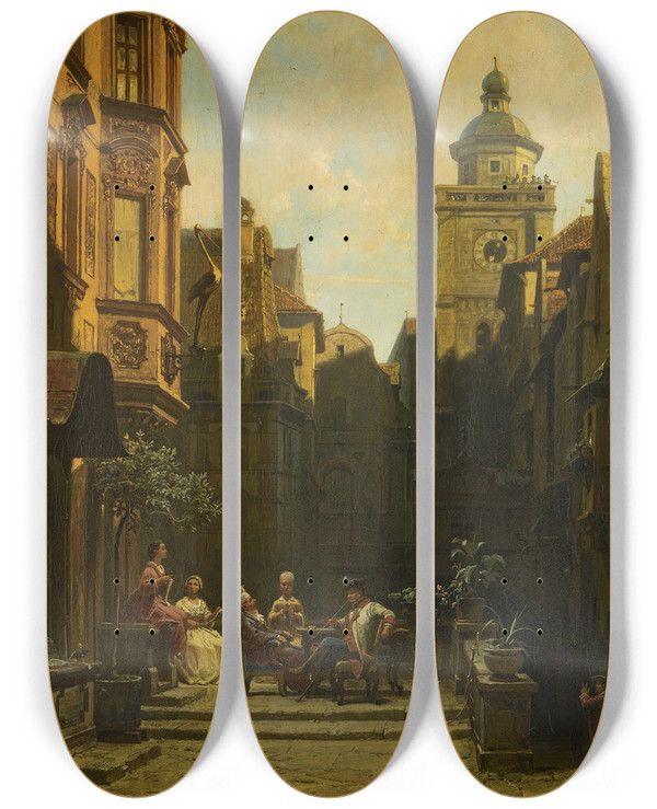 Triptych art skateboard deck of Carl Spitzweg Die Plauderstunde A Good Gossip by Carl Spitzweg (1808-1880)