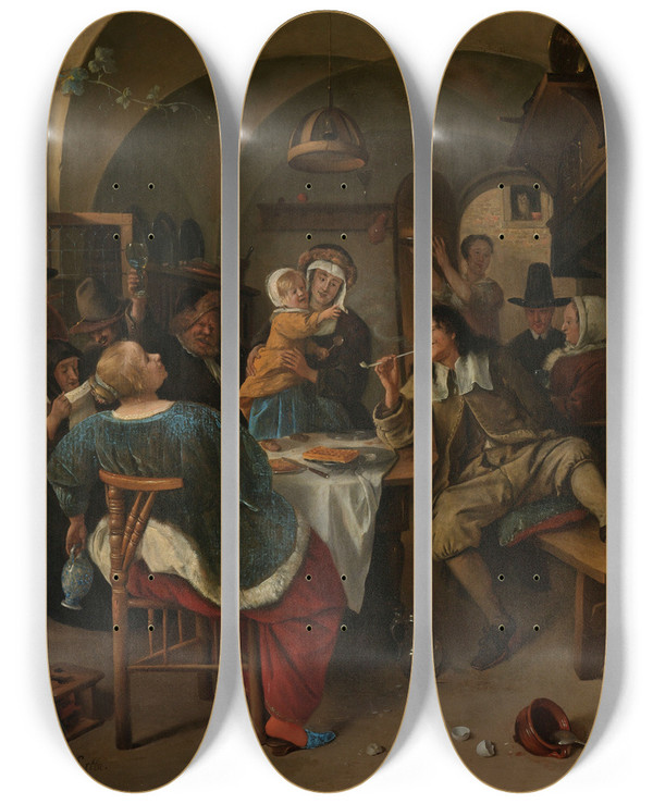 Triptych art skateboard deck of Jan Steen Family Scene by Jan Steen (1626-1679)