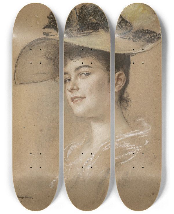 Triptych art skateboard deck of Friedrich August Von Kaulbach Frulein Lahmeyer by Friedrich August Von Kaulbach (1850-1920)