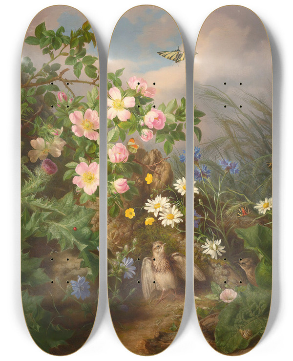 Triptych art skateboard deck of Josef Lauer Still Life With Bird by Josef Lauer (1818-1881)